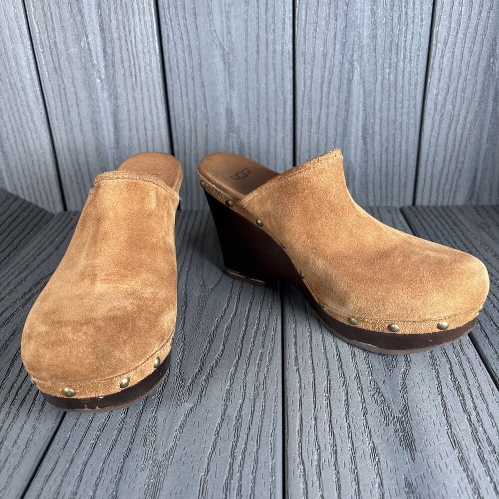 UGG Marsalis Women's 8 Clogs Brown Camel Suede Wood Sole Mule Slip On 1004261